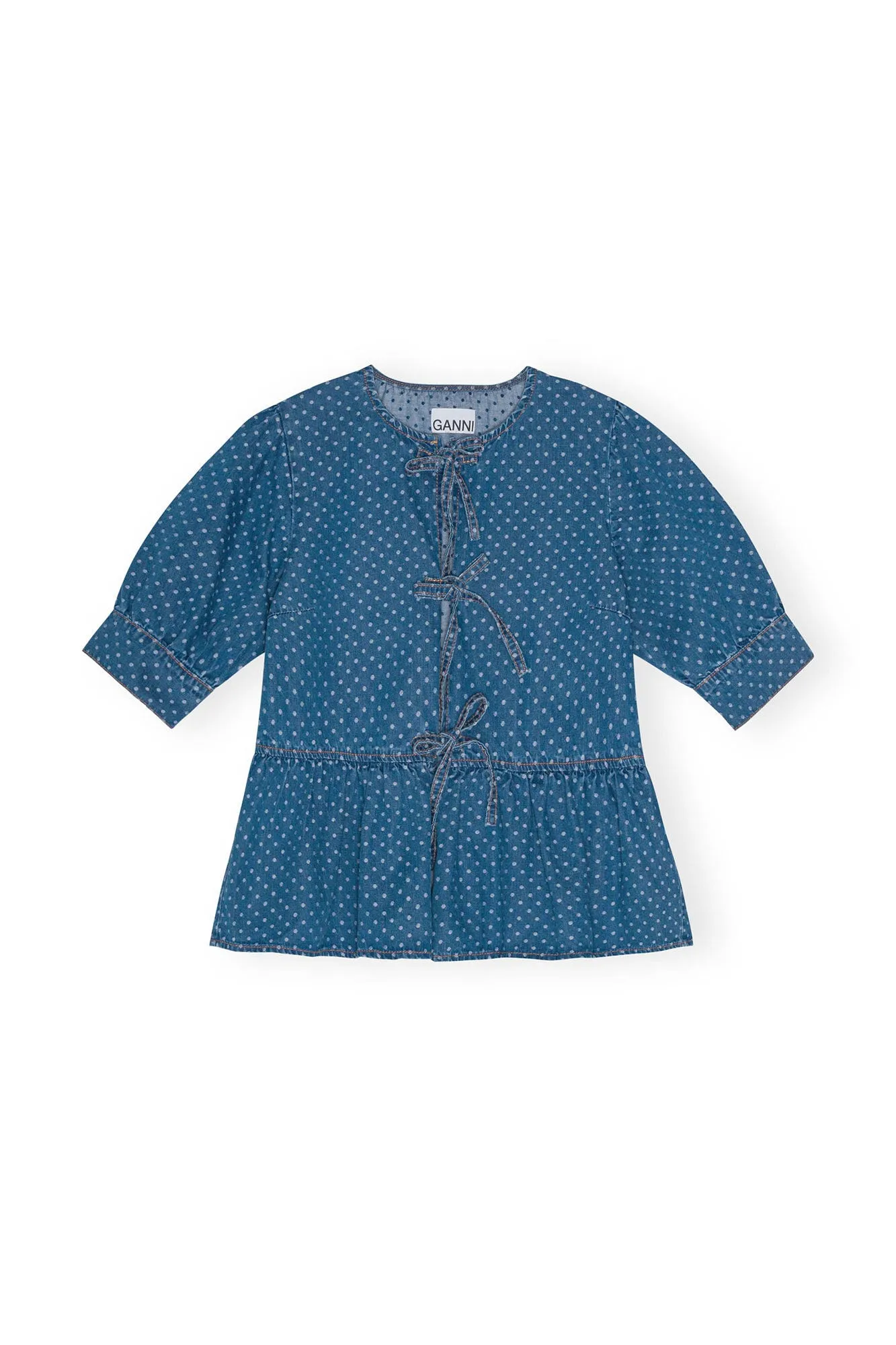 GANNI Polka-Dot Denim Peplum Blouse - Current Season