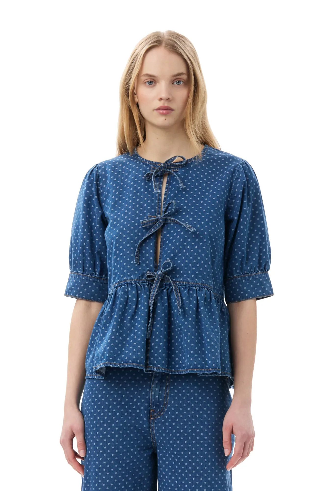 GANNI Polka-Dot Denim Peplum Blouse - Current Season