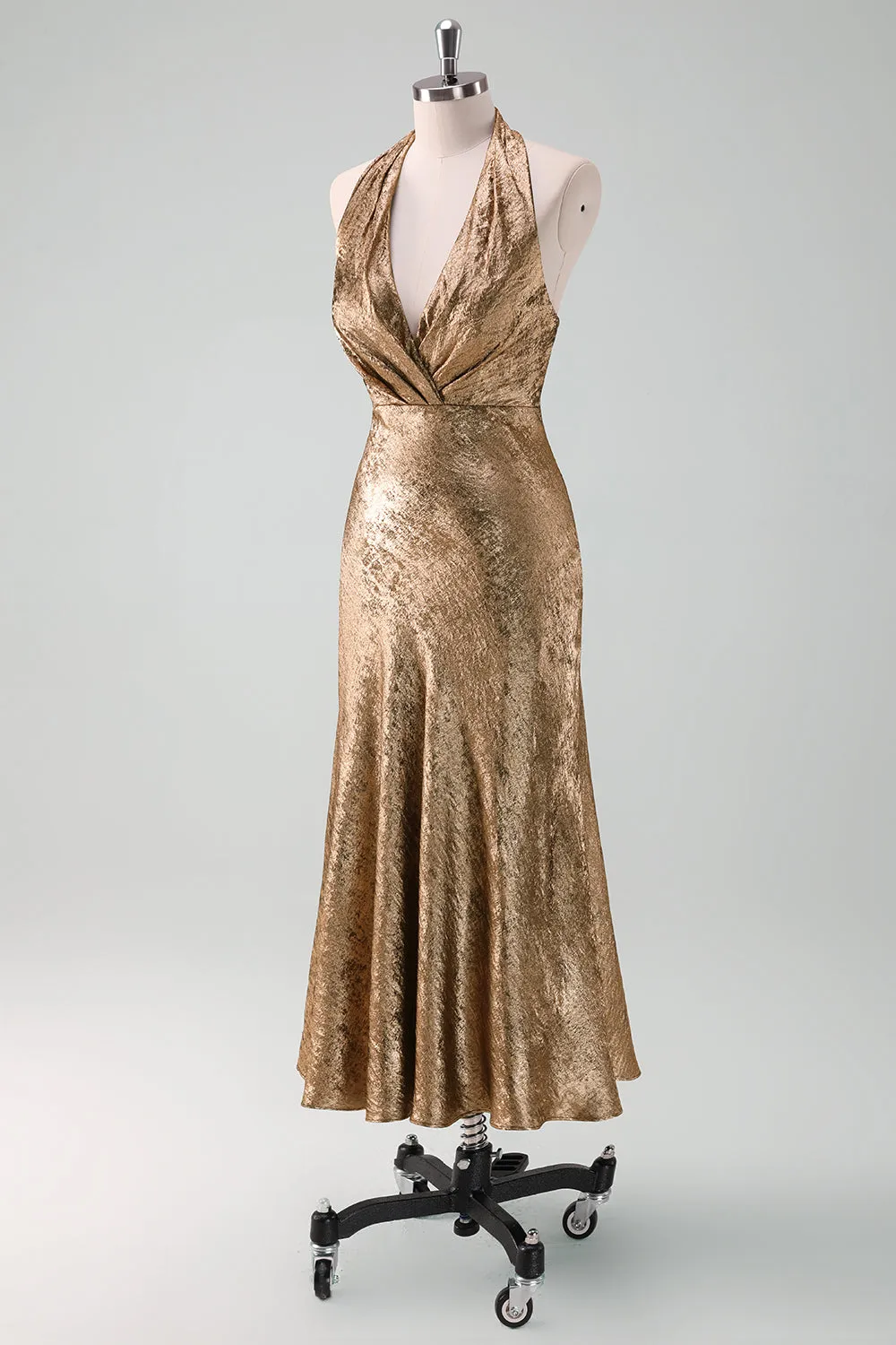 Glitter Golden Halter Sheath Tea Length Dress