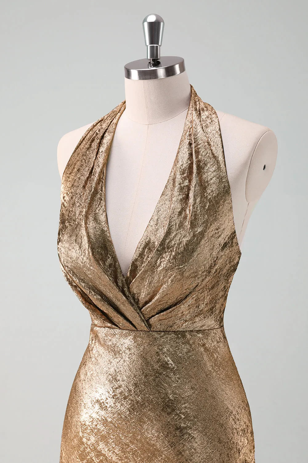 Glitter Golden Halter Sheath Tea Length Dress