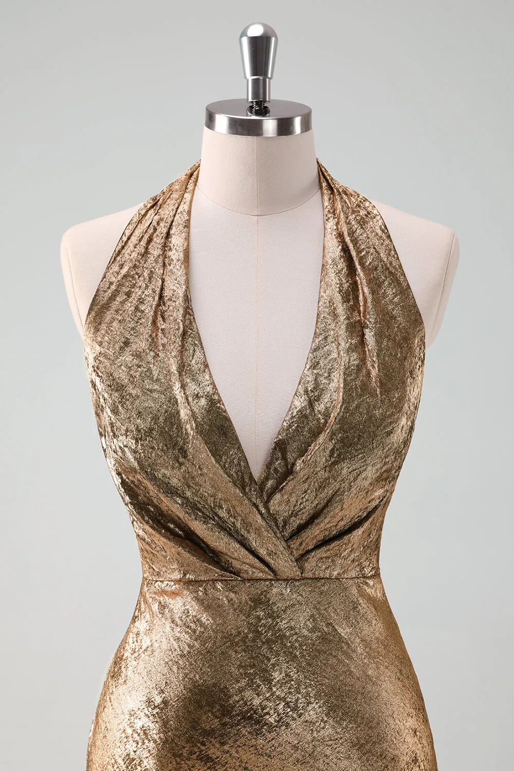 Glitter Golden Halter Sheath Tea Length Dress