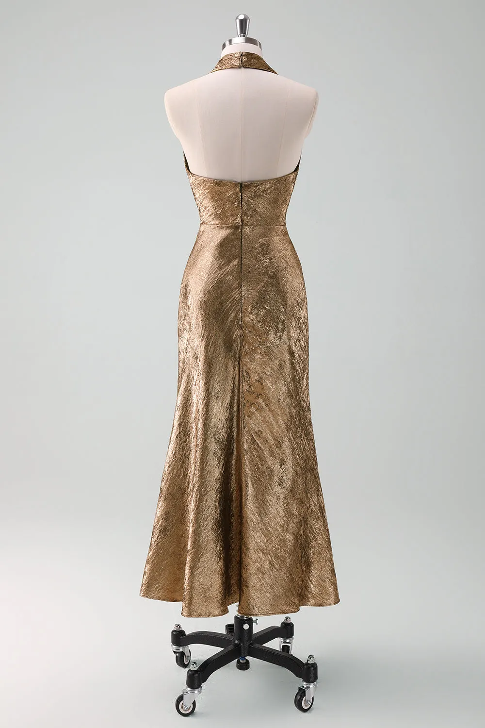 Glitter Golden Halter Sheath Tea Length Dress