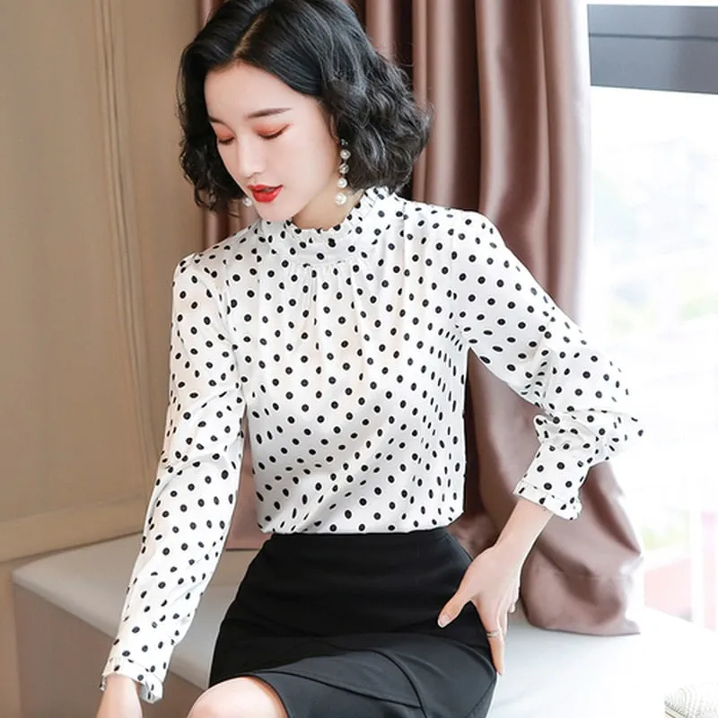 Graduation Gifts  Women Blouses Casual Stand Collar Autumn Fashion Women Shirts Blouses Long Sleeve Polka Dot Women Tops  Fashion Blusas 10589