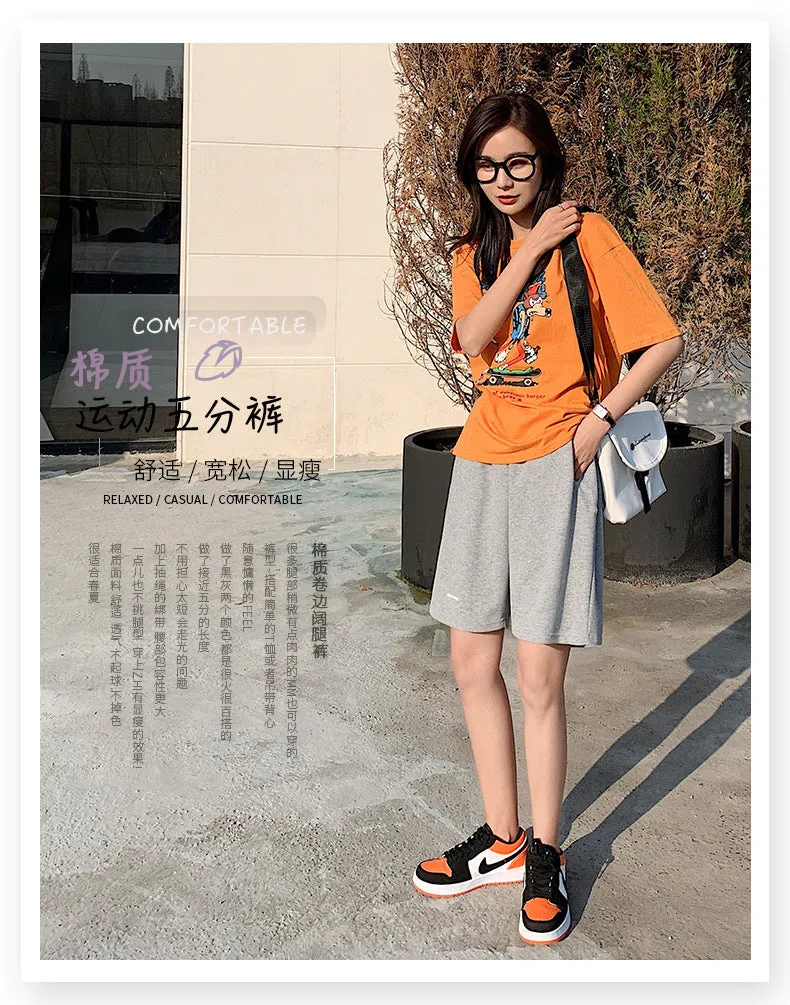 Gray Gym Shorts Women Summer Loose Straight INS Slim Look Casual Wide Leg Pants Bermuda Shorts