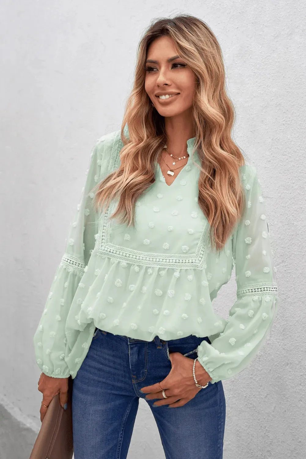 Green Swiss Dot Split Neck Ruffle Babydoll Blouse