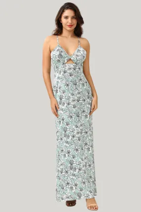 Grey Green Mermaid Floral Tea Length Dress