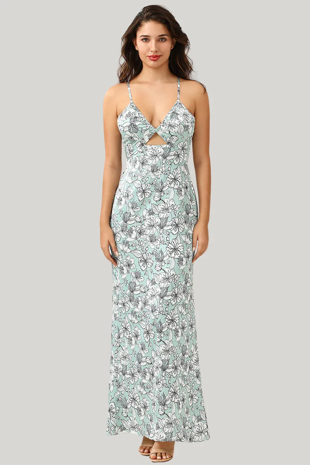 Grey Green Mermaid Floral Tea Length Dress