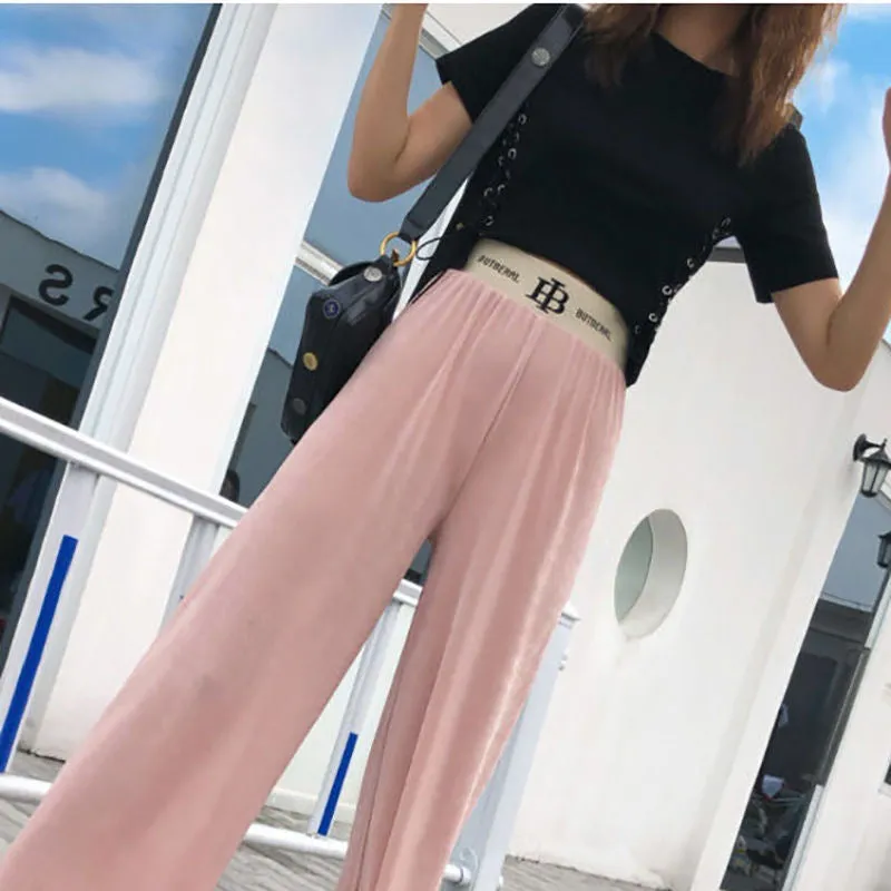 High Waist Slim-Look Wide Leg Women Popular Ice Silk Pleated Floor Length Loose Drape Casual Pants