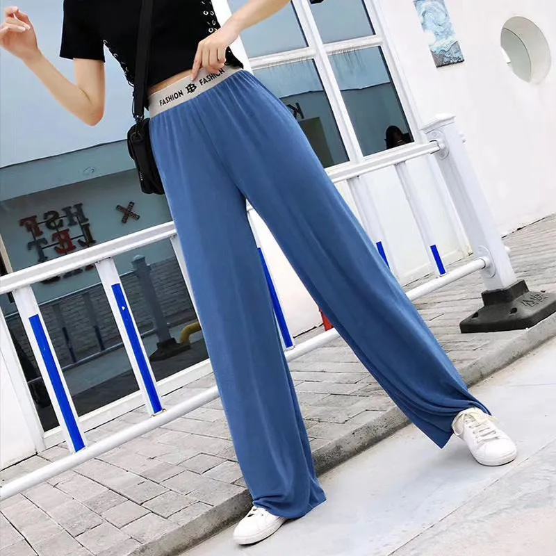 High Waist Slim-Look Wide Leg Women Popular Ice Silk Pleated Floor Length Loose Drape Casual Pants