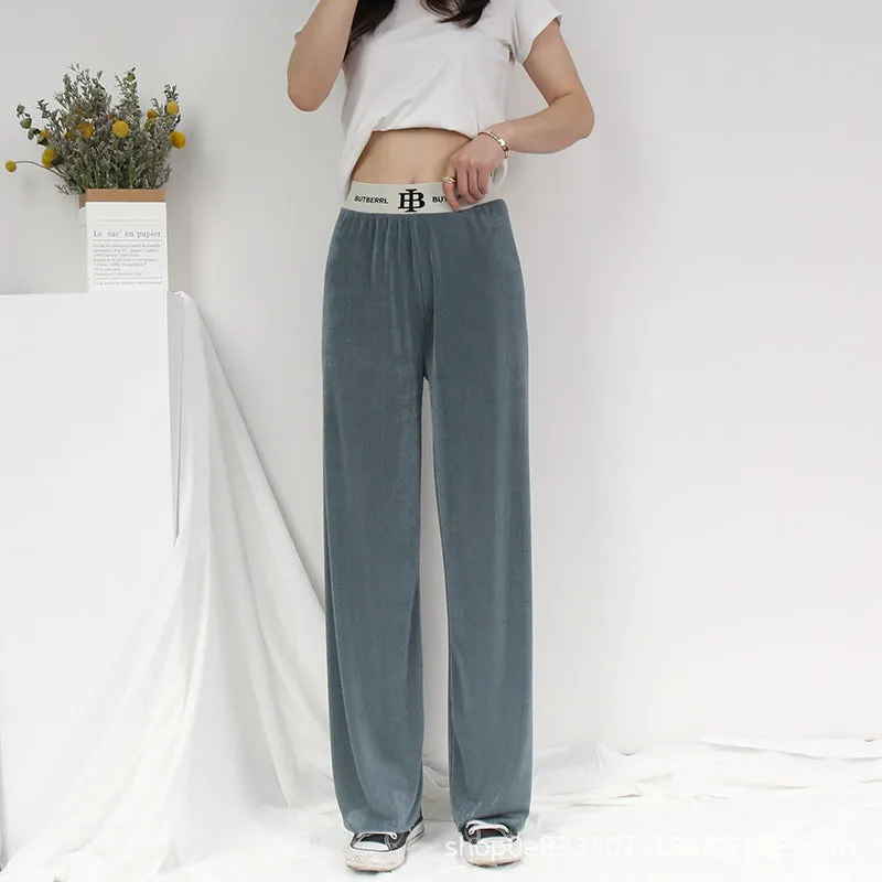 High Waist Slim-Look Wide Leg Women Popular Ice Silk Pleated Floor Length Loose Drape Casual Pants