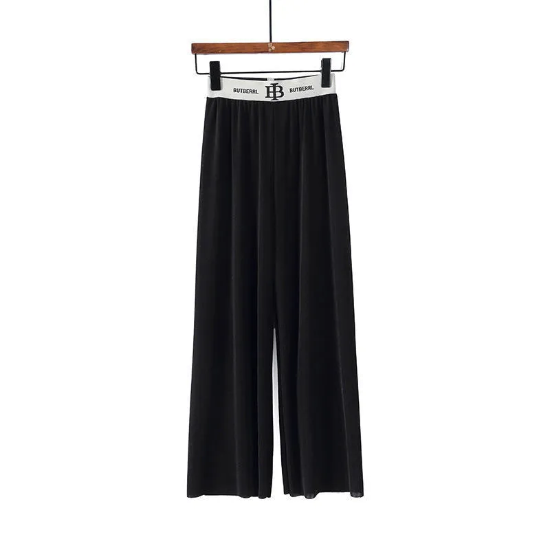 High Waist Slim-Look Wide Leg Women Popular Ice Silk Pleated Floor Length Loose Drape Casual Pants