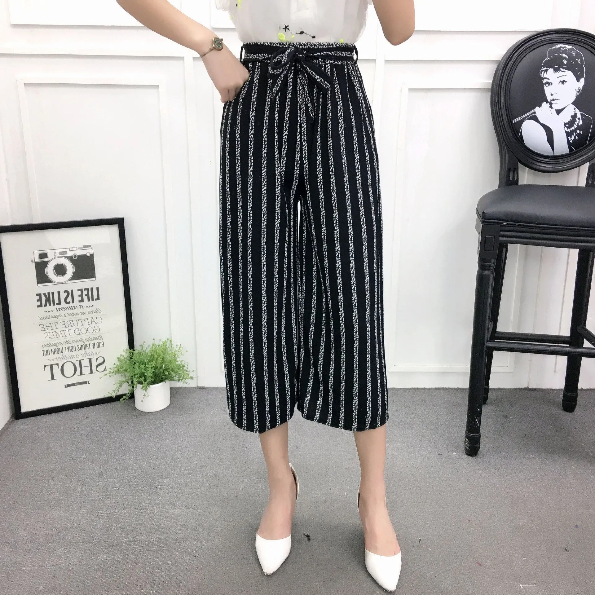 High Waist Slim-Look Women Casual Korean Elastic Free Belt Black Ankle-Length Wide Leg Pants