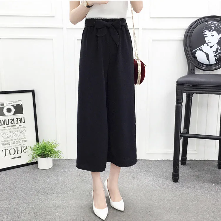 High Waist Slim-Look Women Casual Korean Elastic Free Belt Black Ankle-Length Wide Leg Pants