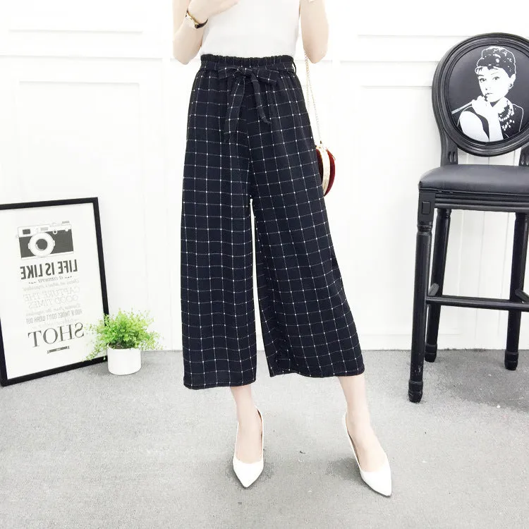 High Waist Slim-Look Women Casual Korean Elastic Free Belt Black Ankle-Length Wide Leg Pants