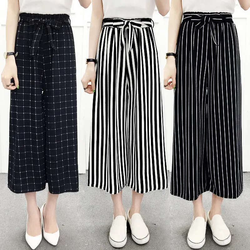 High Waist Slim-Look Women Casual Korean Elastic Free Belt Black Ankle-Length Wide Leg Pants