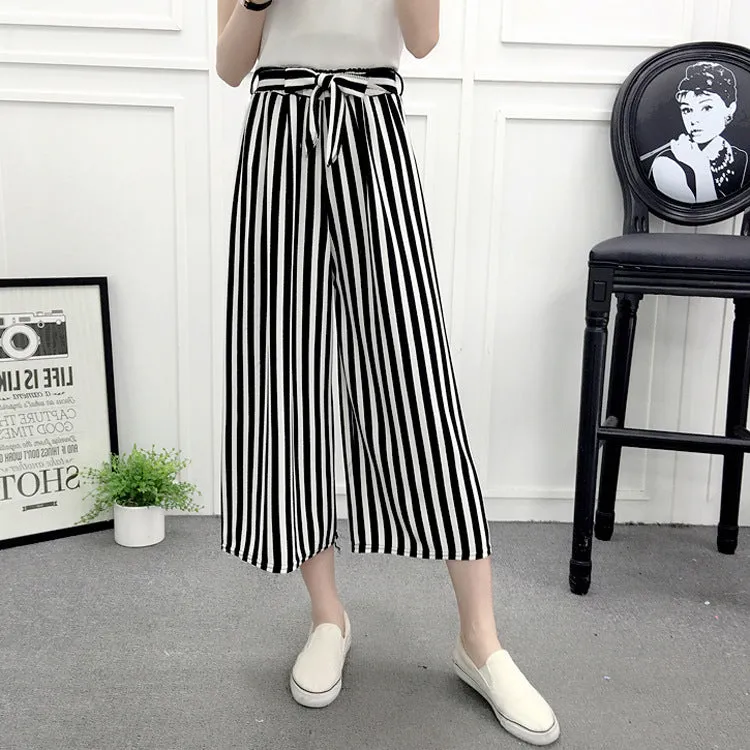 High Waist Slim-Look Women Casual Korean Elastic Free Belt Black Ankle-Length Wide Leg Pants