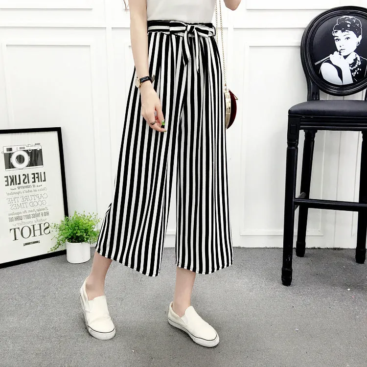 High Waist Slim-Look Women Casual Korean Elastic Free Belt Black Ankle-Length Wide Leg Pants