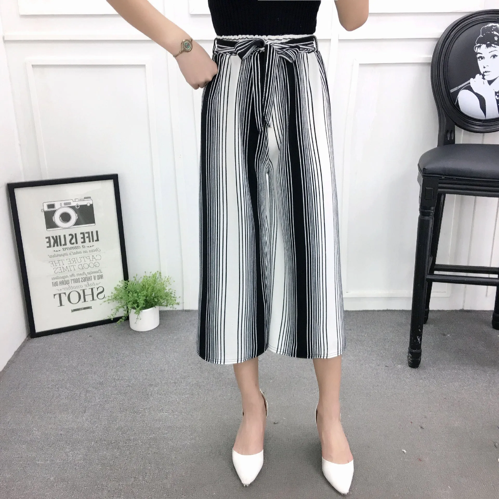 High Waist Slim-Look Women Casual Korean Elastic Free Belt Black Ankle-Length Wide Leg Pants