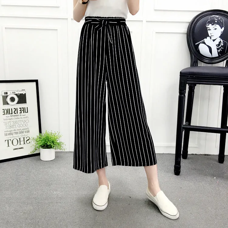 High Waist Slim-Look Women Casual Korean Elastic Free Belt Black Ankle-Length Wide Leg Pants