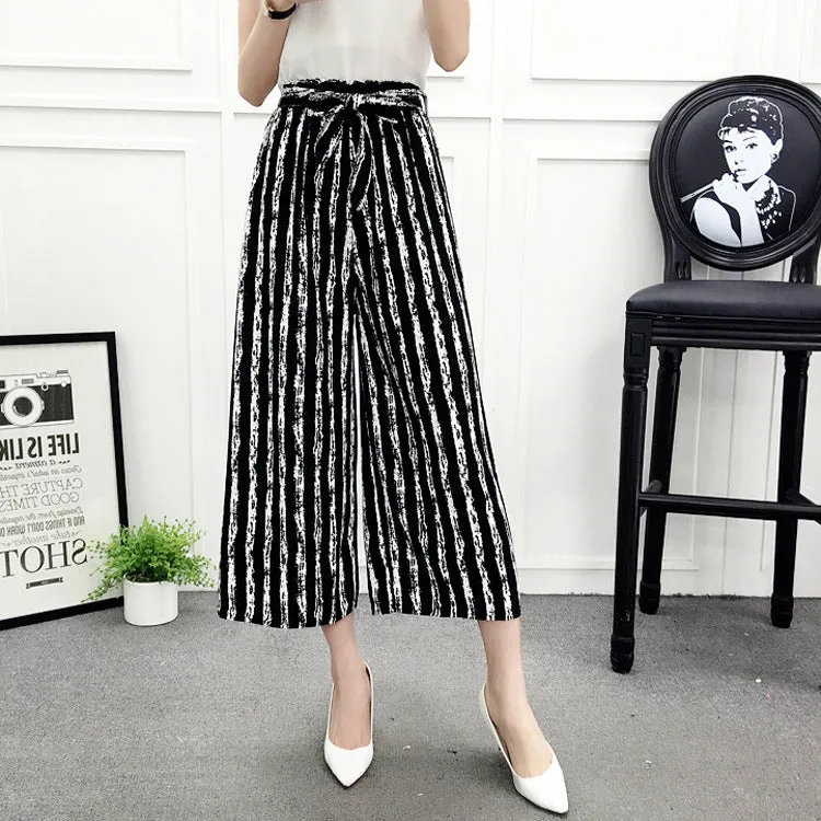 High Waist Slim-Look Women Casual Korean Elastic Free Belt Black Ankle-Length Wide Leg Pants