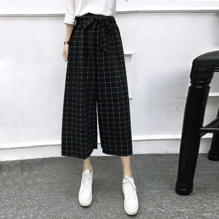 High Waist Slim-Look Women Casual Korean Elastic Free Belt Black Ankle-Length Wide Leg Pants