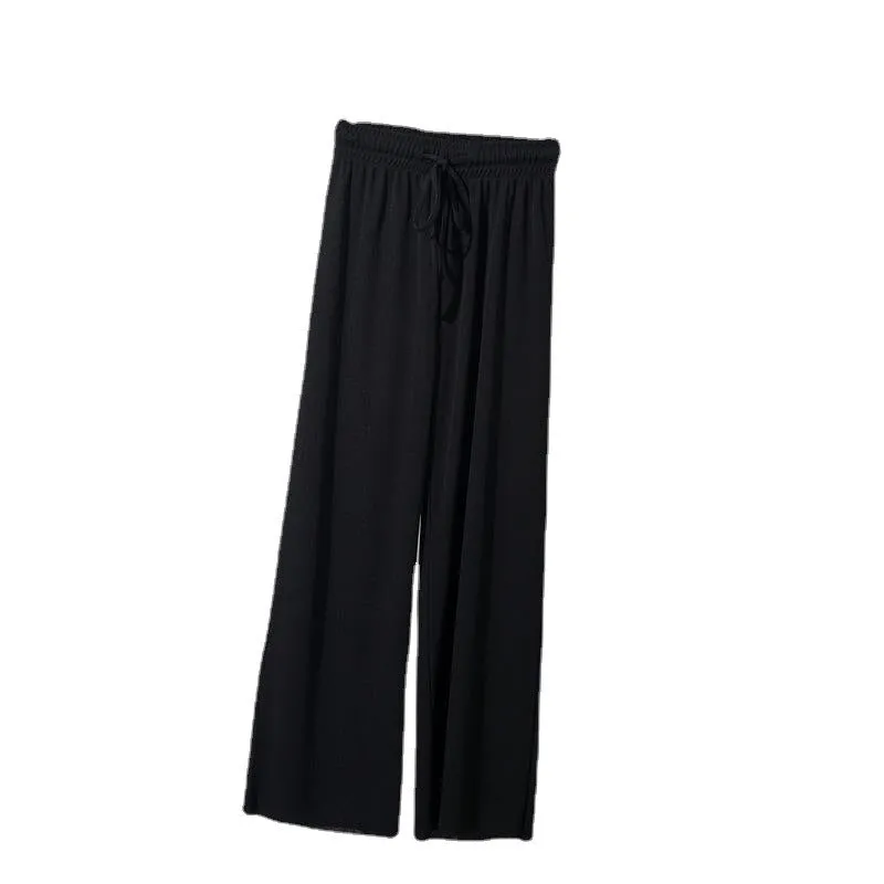 Ice Silk Wide Leg Ankle-Length Summer Korean Knitted Casual High Waist Loose Women Thin Pants