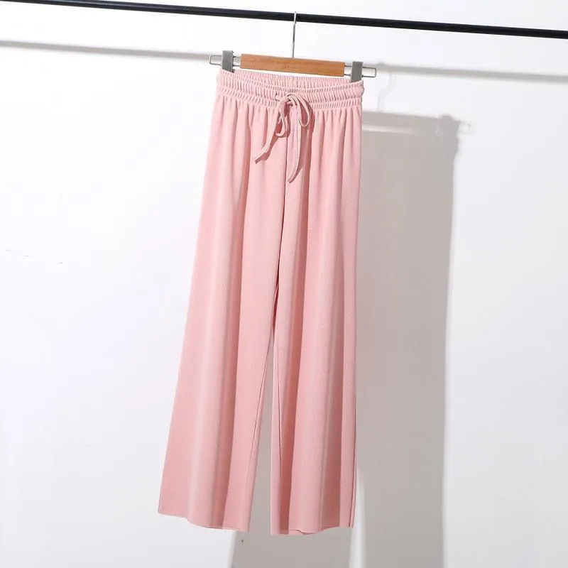 Ice Silk Wide Leg Ankle-Length Summer Korean Knitted Casual High Waist Loose Women Thin Pants