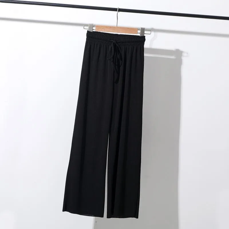 Ice Silk Wide Leg Ankle-Length Summer Korean Knitted Casual High Waist Loose Women Thin Pants