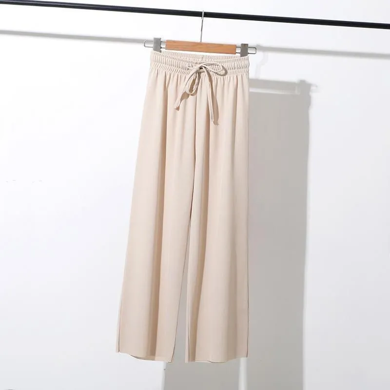 Ice Silk Wide Leg Ankle-Length Summer Korean Knitted Casual High Waist Loose Women Thin Pants