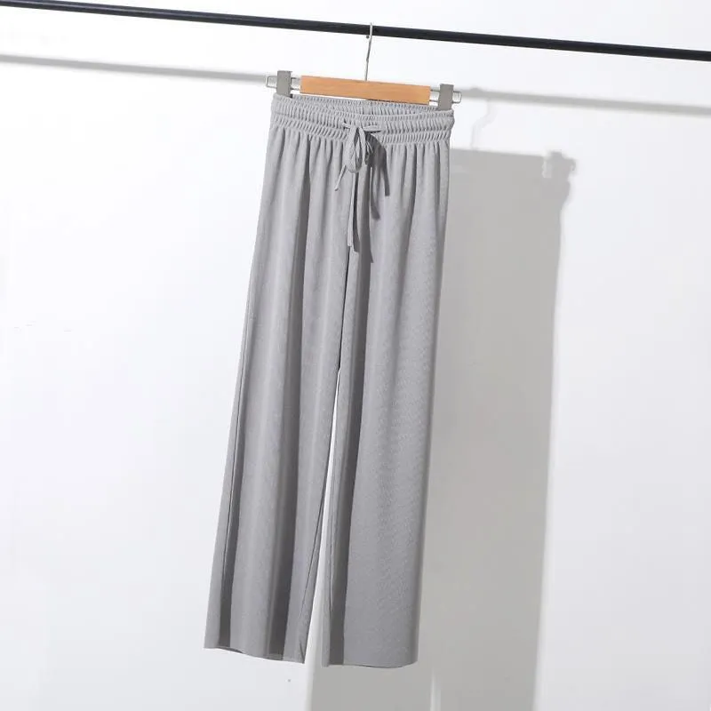 Ice Silk Wide Leg Ankle-Length Summer Korean Knitted Casual High Waist Loose Women Thin Pants