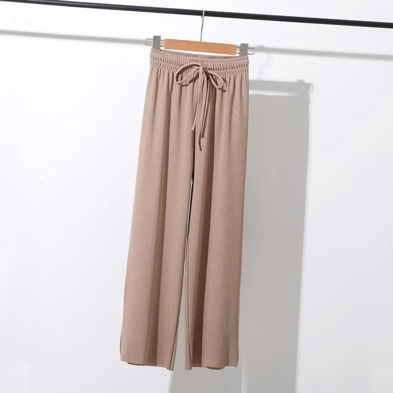 Ice Silk Wide Leg Ankle-Length Summer Korean Knitted Casual High Waist Loose Women Thin Pants