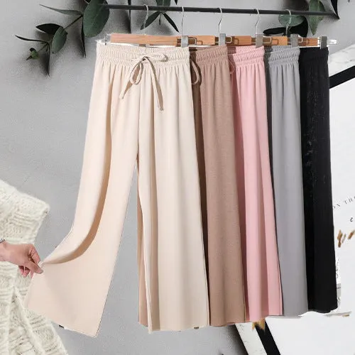 Ice Silk Wide Leg Ankle-Length Summer Korean Knitted Casual High Waist Loose Women Thin Pants