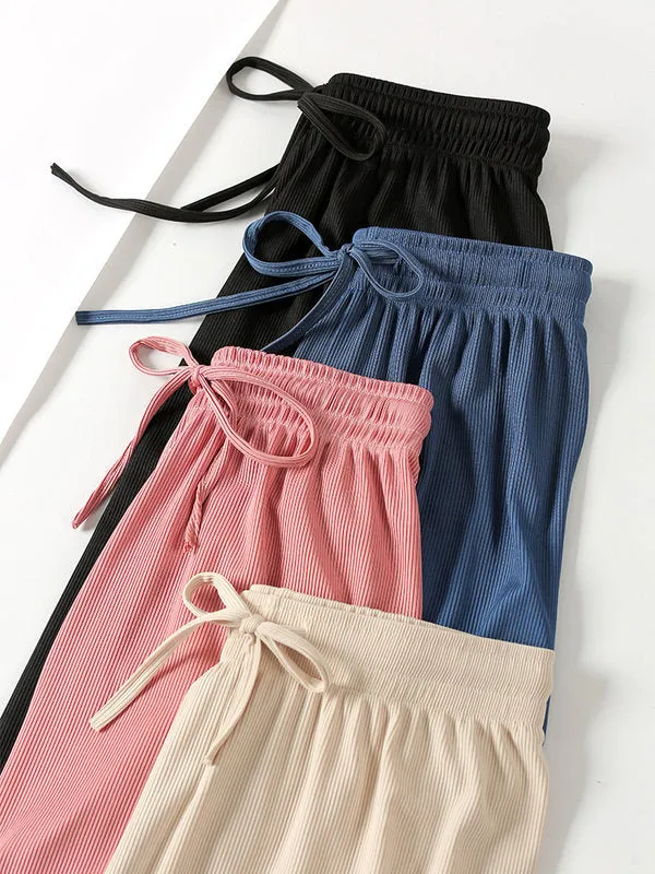 Ice Silk Wide Leg Culottes Women High Waist Drape Solid Colored Loose Summer Thin Floor Length Casual Straight Long Pants