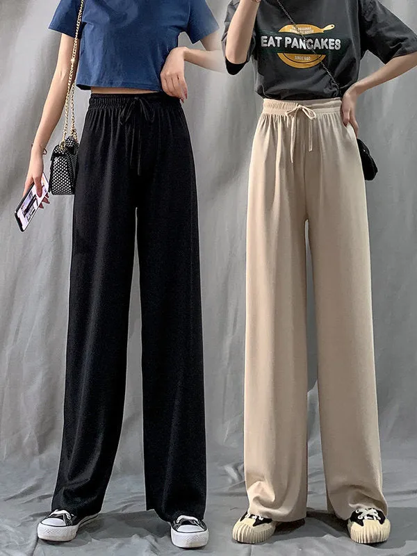 Ice Silk Wide Leg Culottes Women High Waist Drape Solid Colored Loose Summer Thin Floor Length Casual Straight Long Pants