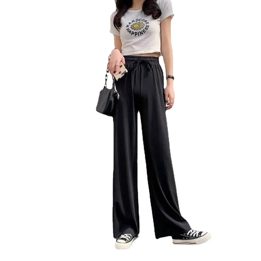 Ice Silk Wide Leg Pants Floor Length Women High Waist Slim-Look Casual Loose Student Long Straight Pants