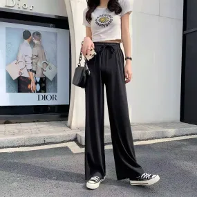 Ice Silk Wide Leg Pants Floor Length Women High Waist Slim-Look Casual Loose Student Long Straight Pants