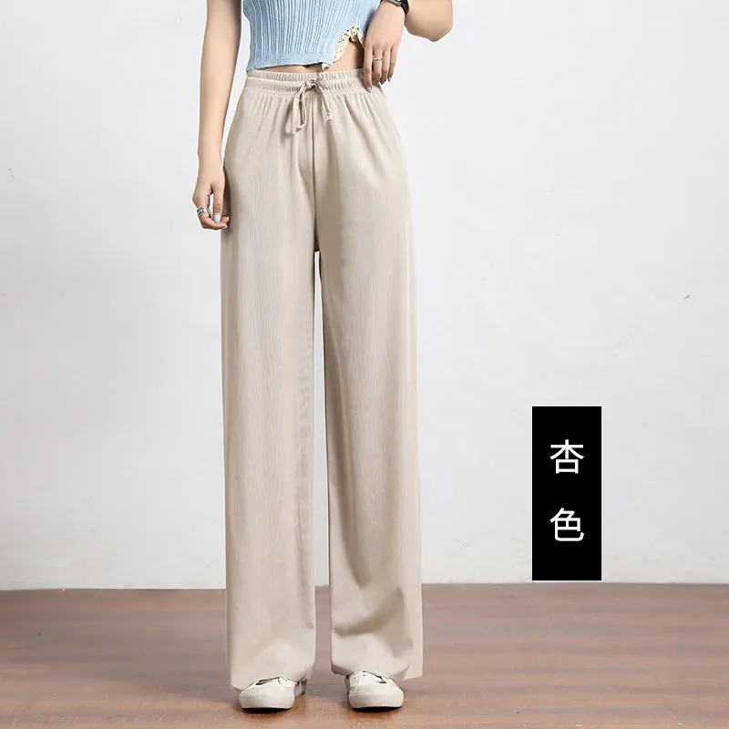 Ice Silk Wide Leg Pants Women High Waist Drape Loose Floor Length Thin Casual Long Straight Pants