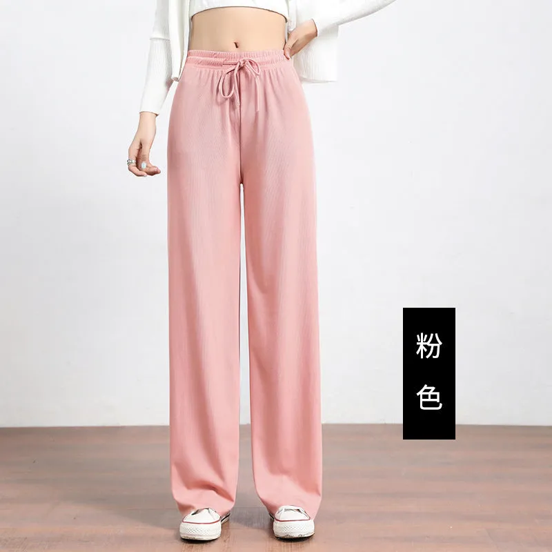 Ice Silk Wide Leg Pants Women High Waist Drape Loose Floor Length Thin Casual Long Straight Pants