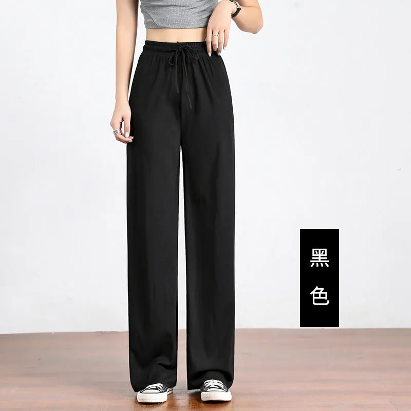 Ice Silk Wide Leg Pants Women High Waist Drape Loose Floor Length Thin Casual Long Straight Pants