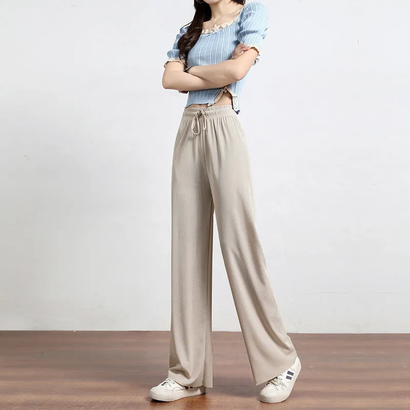 Ice Silk Wide Leg Pants Women High Waist Drape Loose Floor Length Thin Casual Long Straight Pants