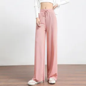 Ice Silk Wide Leg Pants Women High Waist Drape Loose Floor Length Thin Casual Long Straight Pants