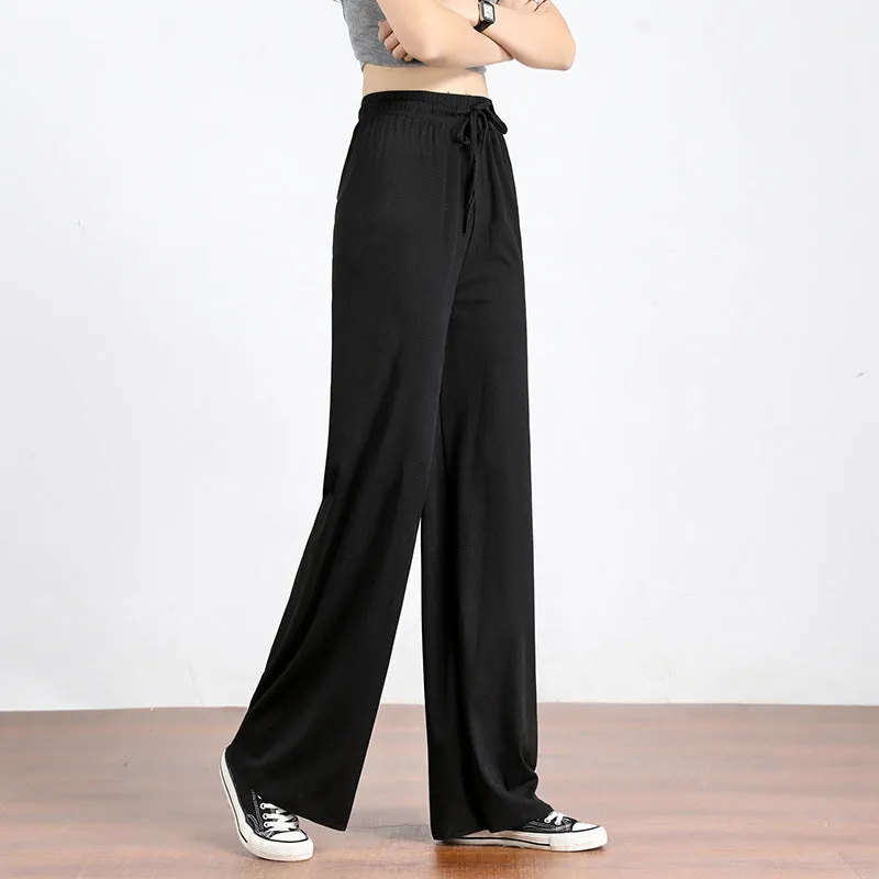 Ice Silk Wide Leg Pants Women High Waist Drape Loose Floor Length Thin Casual Long Straight Pants