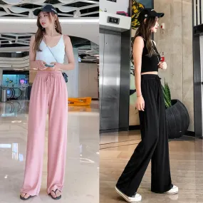 Ice Silk Wide Leg Pants Women High Waist Drape Thin Straight Floor Length Pants