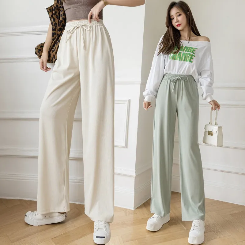 Ice Silk Wide Leg Women High Waist Drape Loose Straight Casual Slim-Look All-Matching Floor Length Pants