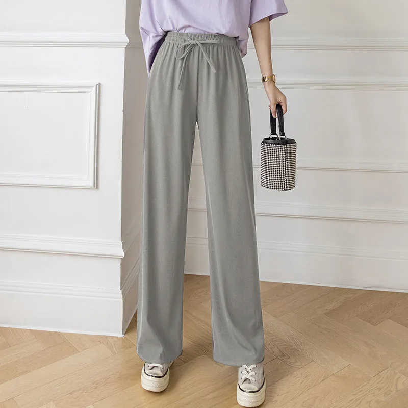 Ice Silk Wide Leg Women High Waist Drape Loose Straight Casual Slim-Look All-Matching Floor Length Pants