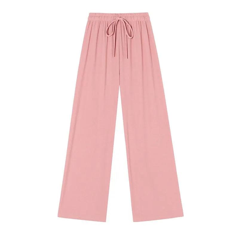 Ice Silk Wide Leg Women High Waist Drape Loose Straight Casual Slim-Look All-Matching Floor Length Pants