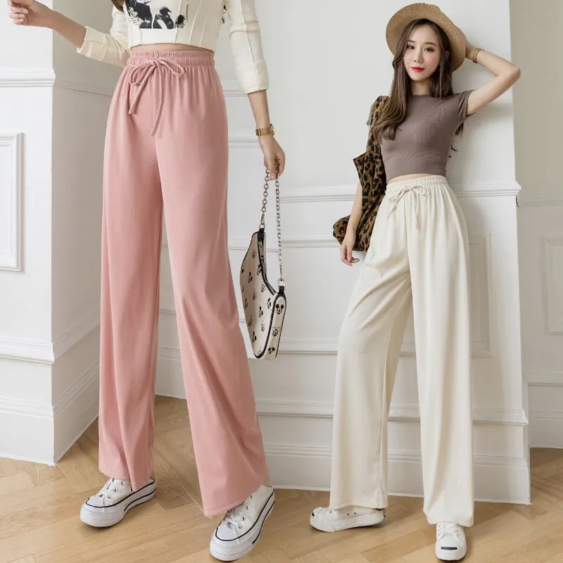 Ice Silk Wide Leg Women High Waist Drape Loose Straight Casual Slim-Look All-Matching Floor Length Pants