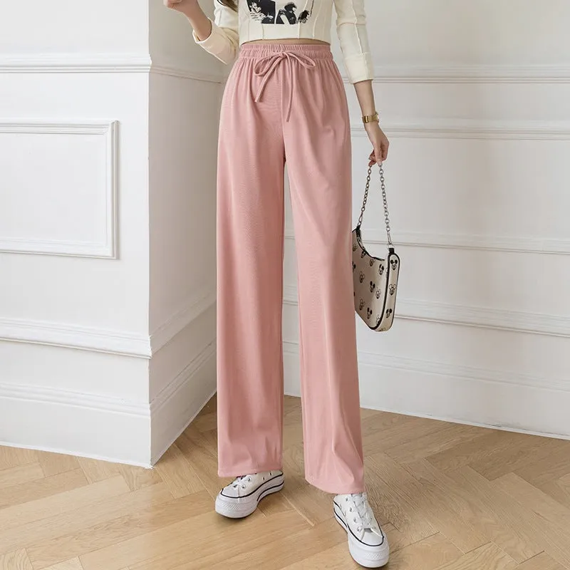 Ice Silk Wide Leg Women High Waist Drape Loose Straight Casual Slim-Look All-Matching Floor Length Pants