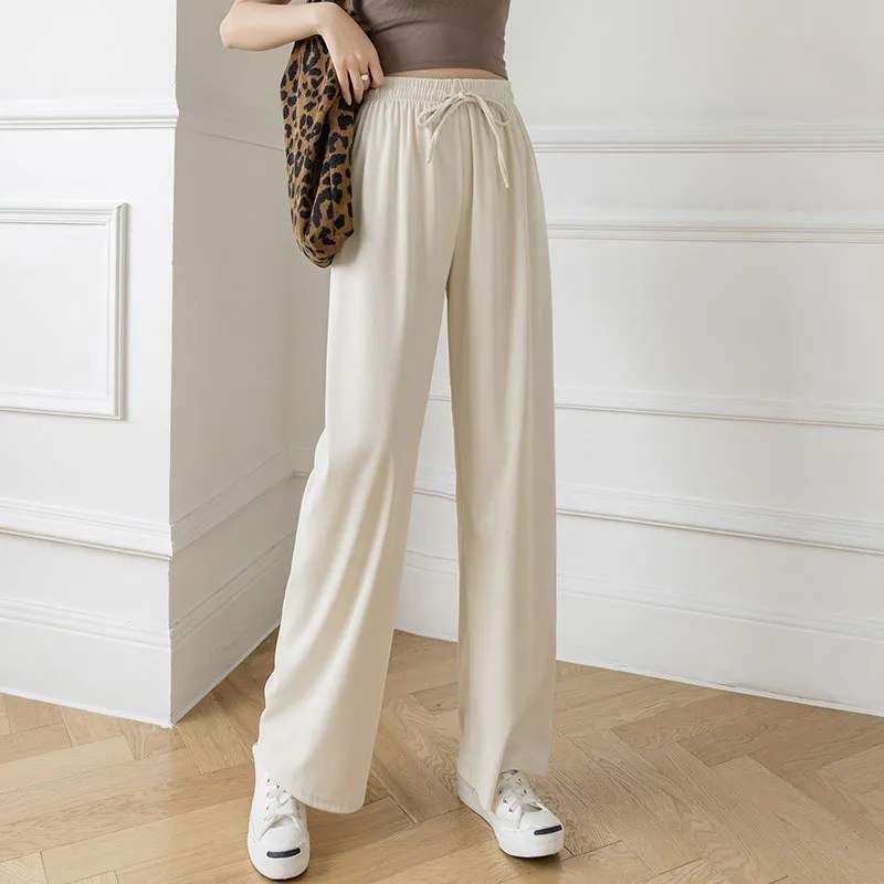 Ice Silk Wide Leg Women High Waist Drape Loose Straight Casual Slim-Look All-Matching Floor Length Pants