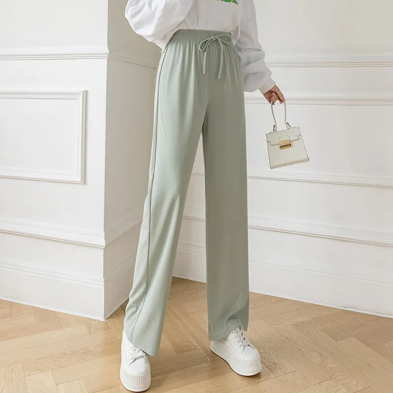 Ice Silk Wide Leg Women High Waist Drape Loose Straight Casual Slim-Look All-Matching Floor Length Pants